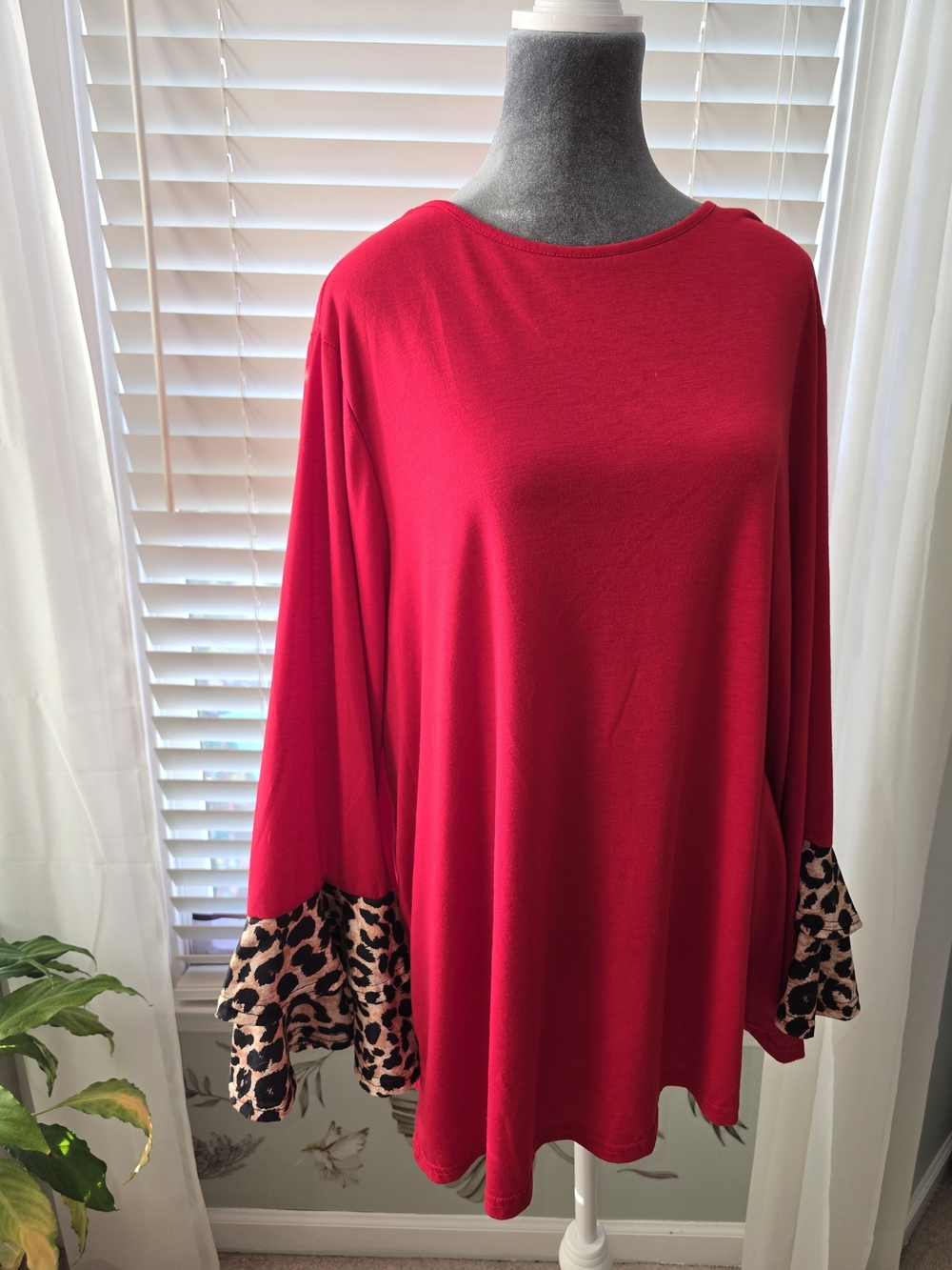 Women’s Red Long Sleeve  with Leopard Ruffle Cuffs